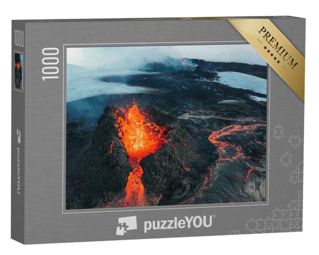 Puzzle 1000 Teile „Island: Vulkanausbruch 2021, Vulkan Fagradalsfjall im Tal Geldingadalir“