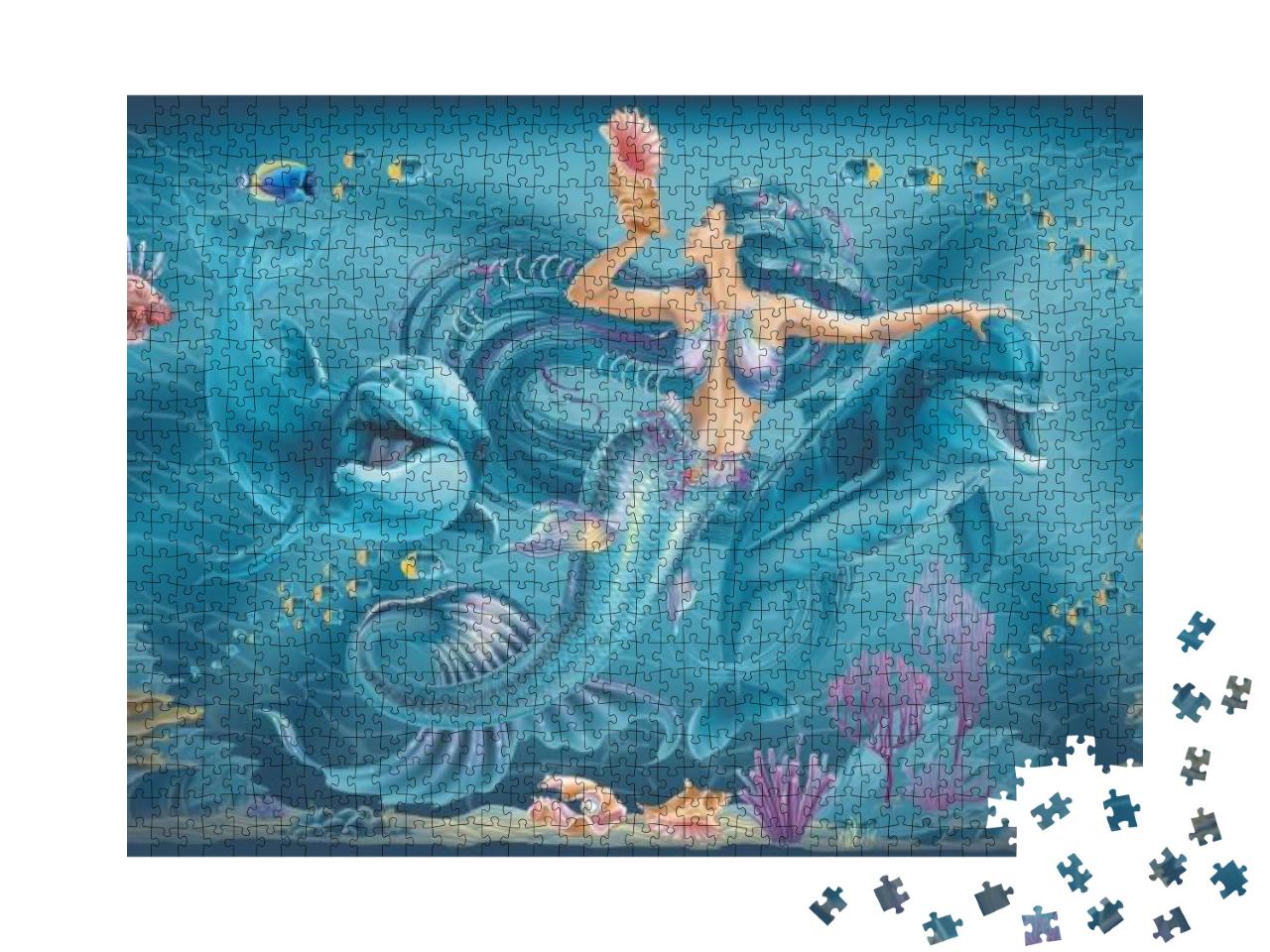 Puzzle 1000 Teile „Illustration: Meerjungfrau und Delfine“
