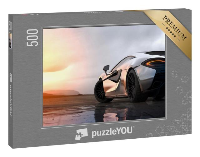 Puzzle 500 Teile „Silberner Luxus-Sportwagen im Sonnenuntergang“