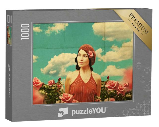 Puzzle 1000 Teile „Vintage-Collage mit Schönheit, junge Frau in Rosen, Retro-Muster“