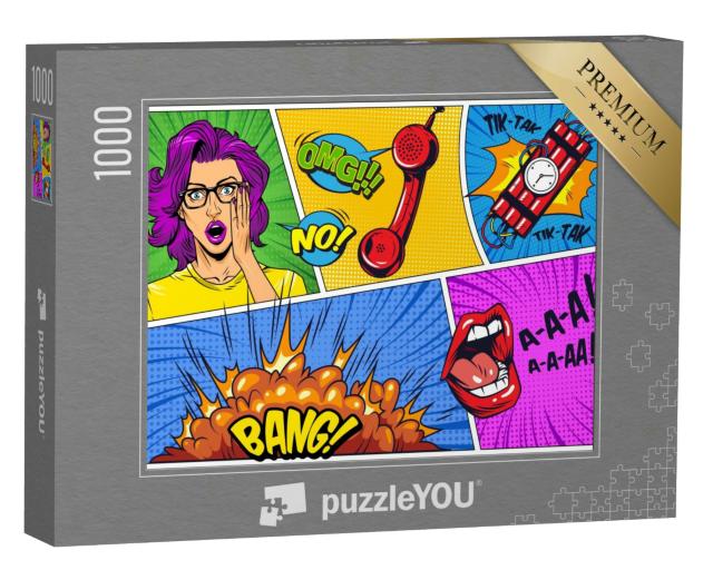 Puzzle 1000 Teile „Schreiende Sprechblasen und Explosion, Comic-Stil“