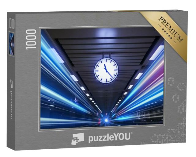 Puzzle 1000 Teile „Bahnhofsuhr, blau-violettes Licht, schnelle Bewegung“