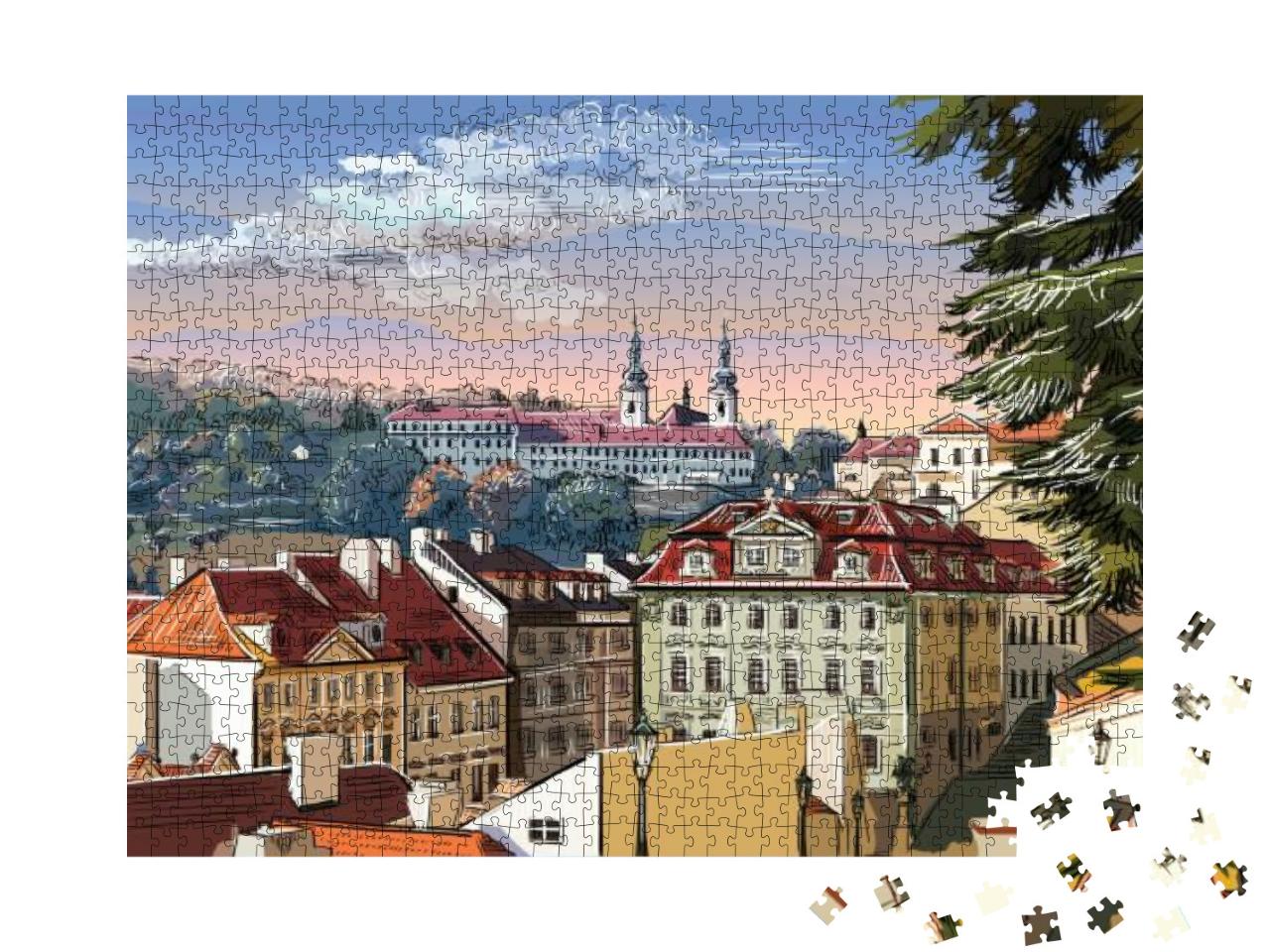 Puzzle 1000 Teile „Panorama-Stadtbild von Prag mit Vektor-Handzeichnung, Tschechische Republik“
