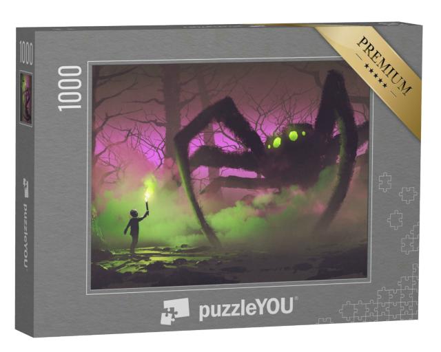 Puzzle 1000 Teile „Junge mit einer Fackel vor einer riesigen Spinne in geheimnisvollem Wald“