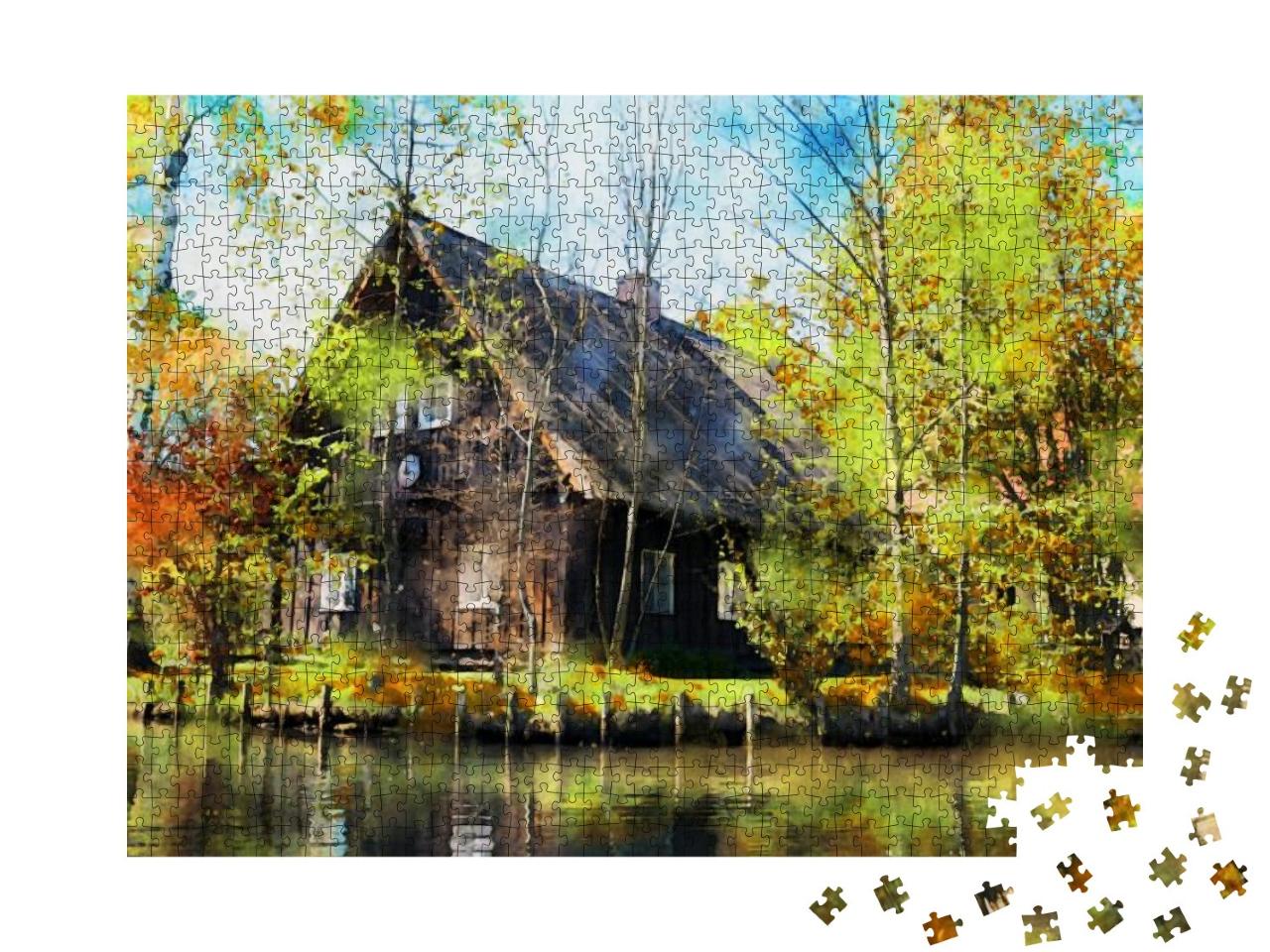 Puzzle 1000 Teile „Aquarell-Illustration: Waldhaus im Spreewald“