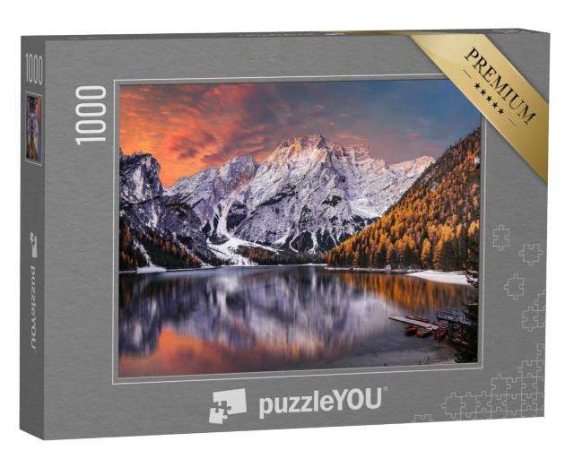 Puzzle 1000 Teile „Morgenszene am Pragser Wildsee, Dolomiten, Italien“
