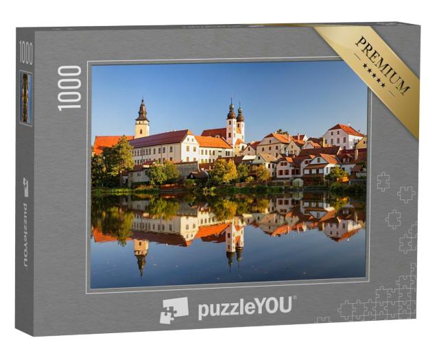 Puzzle 1000 Teile „Blick auf Telc über den Teich mit Reflexionen, Südmähren, Tschechische Republik.“