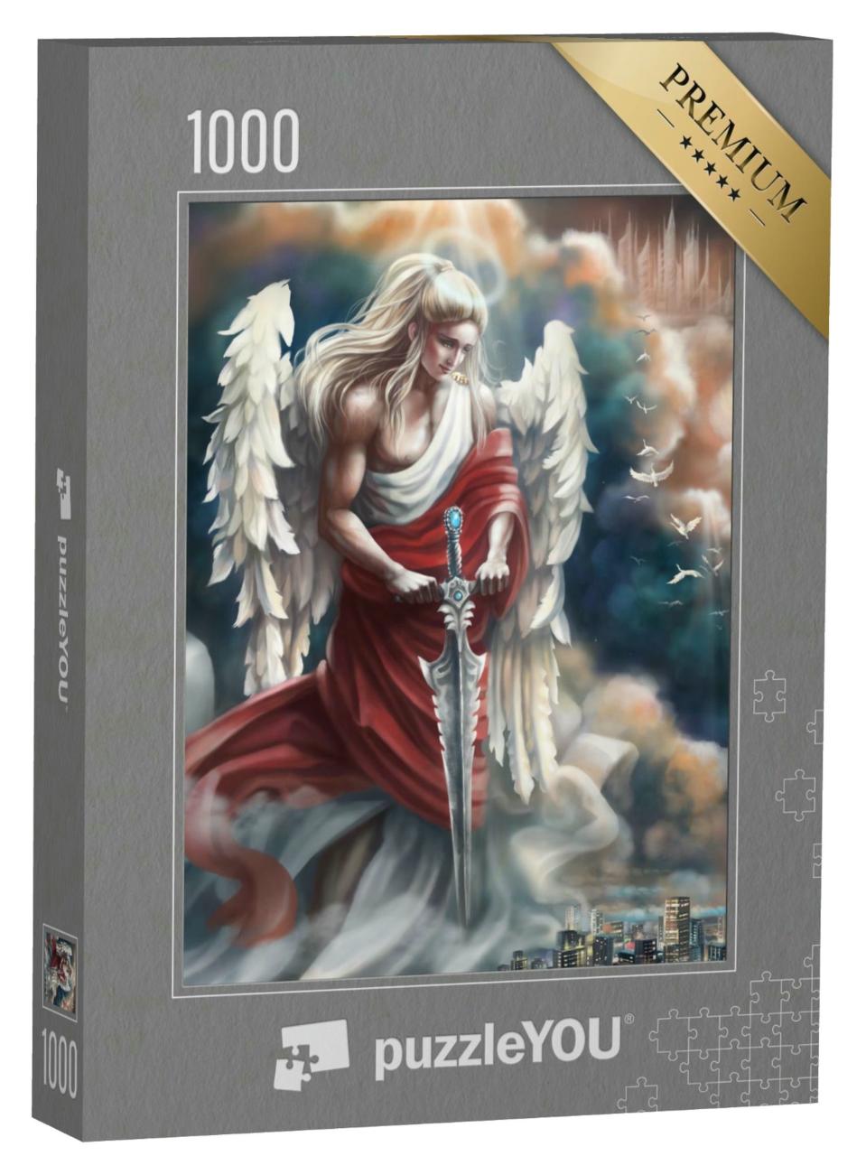 Puzzle 1000 Teile „Engel in antiker Kleidung und rotem Gewand mit einem Schwert, Illustration“