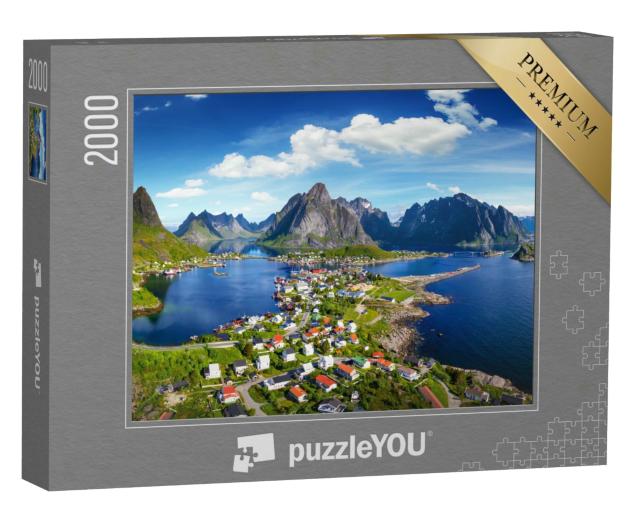 Puzzle 2000 Teile „Dorf Reine unter einem sonnigen, blauen Himmel, Lofoten, Norwegen“