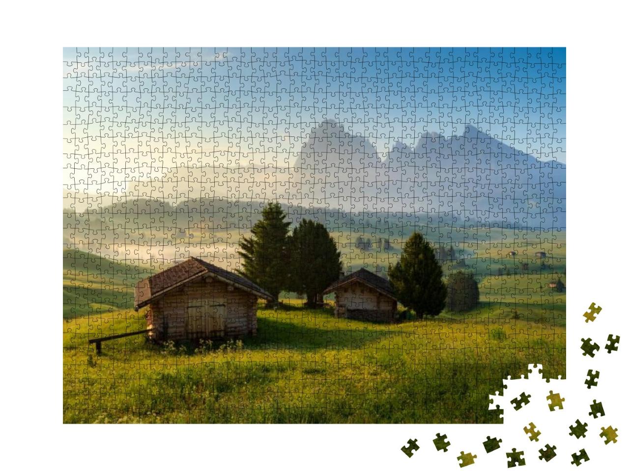 Puzzle 1000 Teile „Chalets auf der Seiser Alm, Dolomiten, Südtirol, Italien“