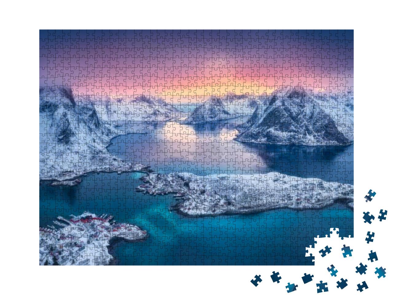 Puzzle 1000 Teile „Luftaufnahme eines Sonnenuntergangs im Winter: Blick auf die Lofoten-Inseln, Norwegen“
