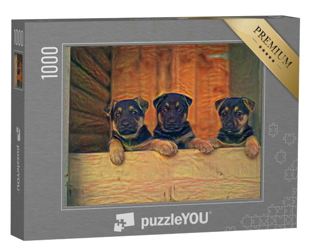Puzzle 1000 Teile „im Stil von Edvard Munch, Der Schrei - Deutsche Schäferhundwelpen - Puzzle-Kollektion Künstler & Gemälde“