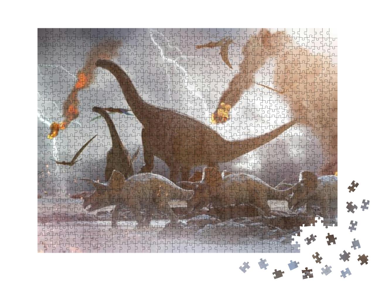 Puzzle 1000 Teile „3D-Illustration: Dinosaurier und fallende Meteoriten“