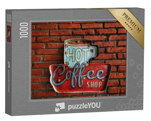 Puzzle 1000 Teile „Coffeeshop, Kaffee, Reklame vor einer Backsteinmauer“