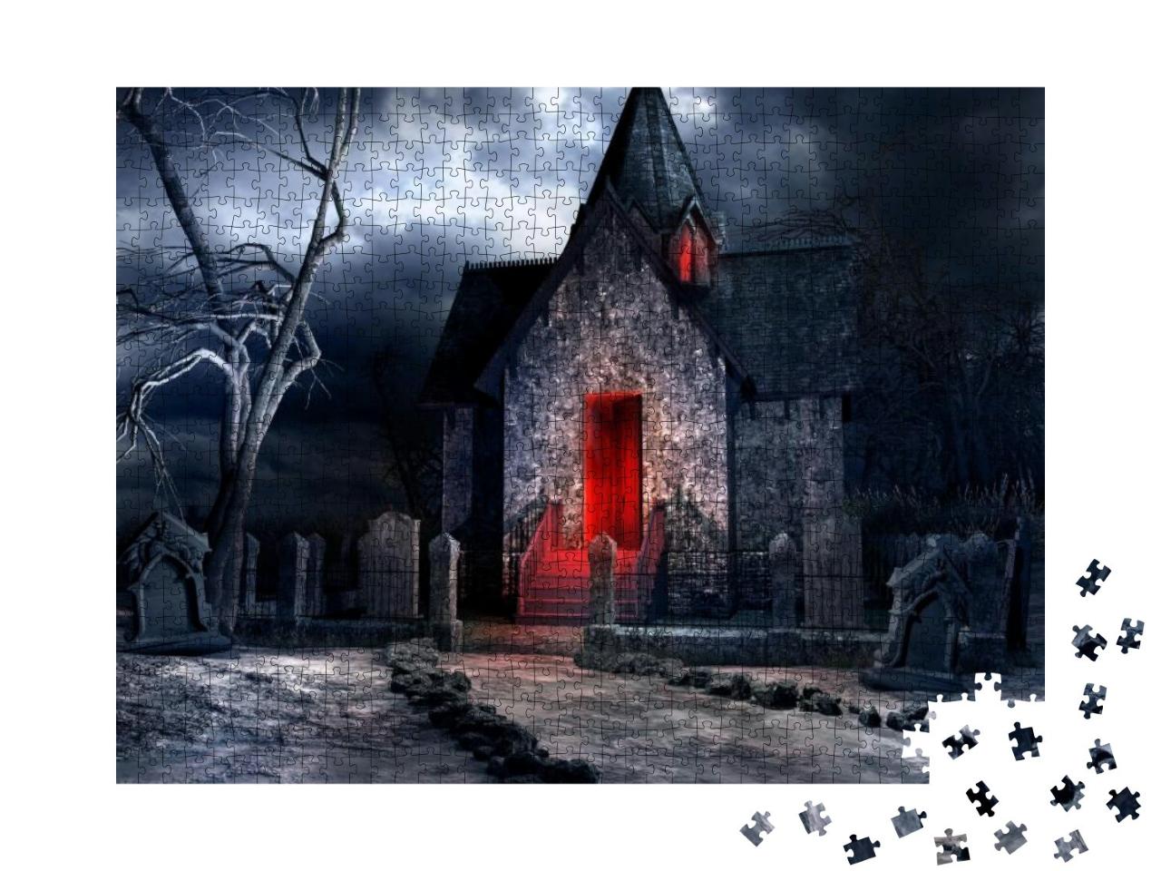 Puzzle 1000 Teile „Düstere Gothic-Szenerie mit alter Gruft, gruseligem Baum und Knochen“