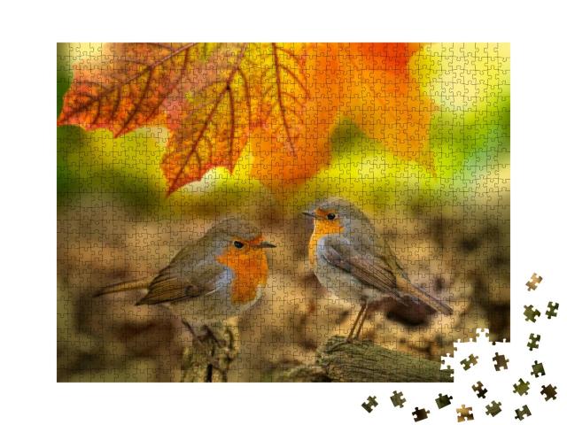 Puzzle 1000 Teile „Zwei Rotkehlchen im Herbstwald“