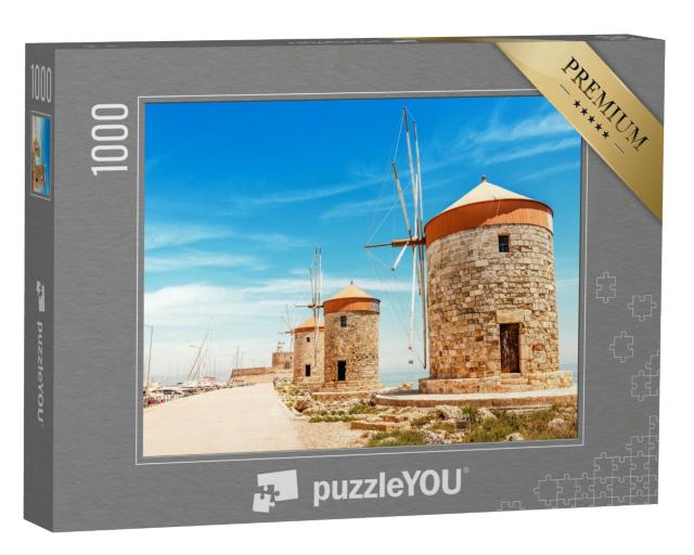 Puzzle 1000 Teile „Hafen von Mandraki auf Rhodos mit Windmühlen, Griechenland“
