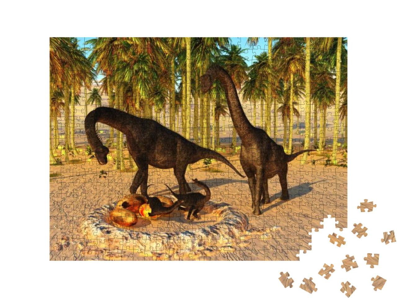 Puzzle 500 Teile „Dinosaurier-Baby: Nest mit 3D-Illustration, Brachiosaurus-Eltern und Dino-Eier“