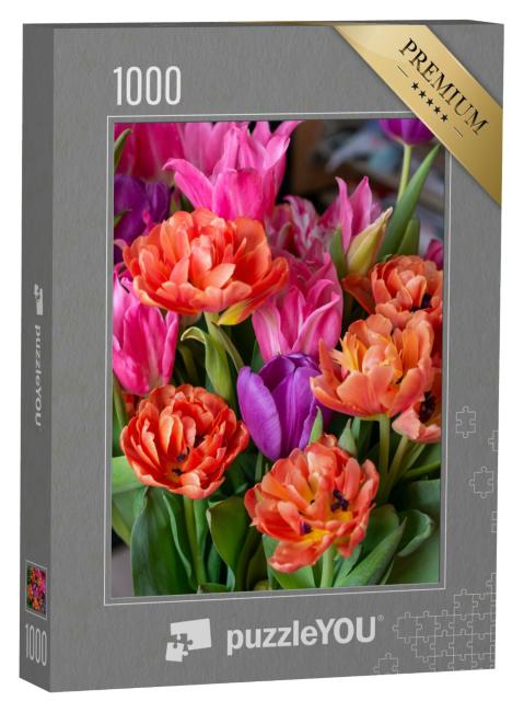 Puzzle 1000 Teile „Blumenstrauß aus Tulpen in verschiedenen Farben, Ostern“