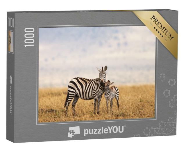 Puzzle 1000 Teile „Burchell- oder Steppenzebra in Tansania: Mutter mit Jungtier“