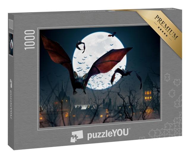 Puzzle 1000 Teile „Fliegende Fledermäuse in einer gruseligen Vollmondnacht, Bäumen, Dorf“