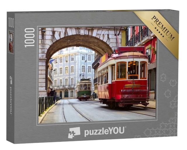 Puzzle 1000 Teile „Lissabon, Portugal: Rote Retro-Straßenbahn im Alfama-Viertel“
