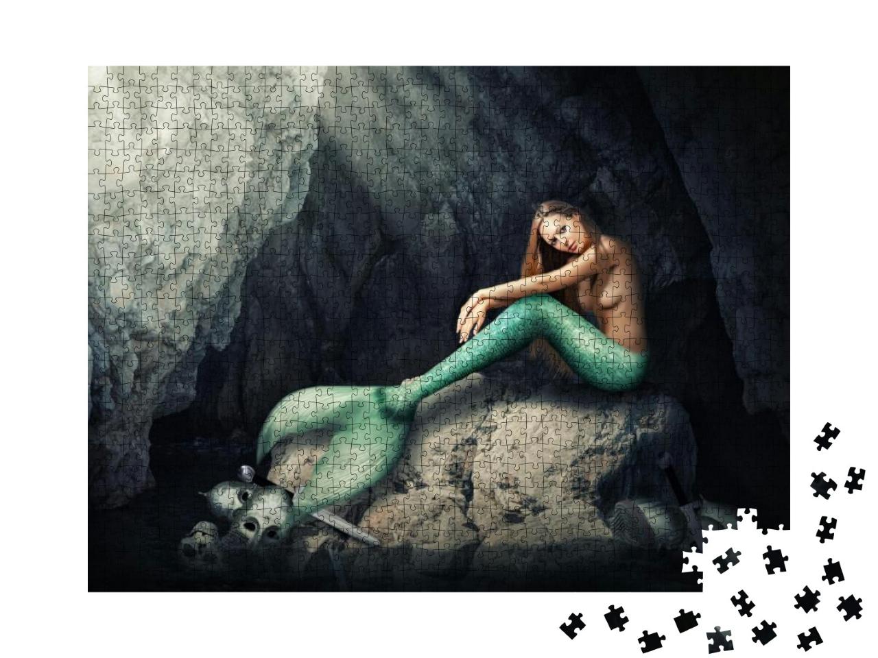 Puzzle 1000 Teile „Anmutige Meerjungfrau in der Felshöhle, unter ihr Schwert und Schädel“