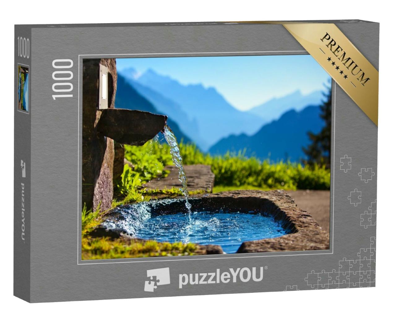 Puzzle 1000 Teile „Alpen: Wasserquelle im Gebirge, Becken, unscharfer Hintergrund“
