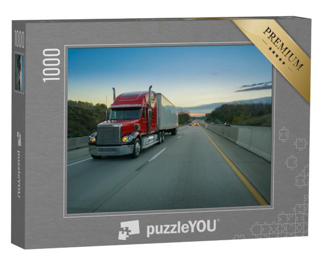 Puzzle 1000 Teile „Großer roter Sattelschlepper auf der Autobahn“
