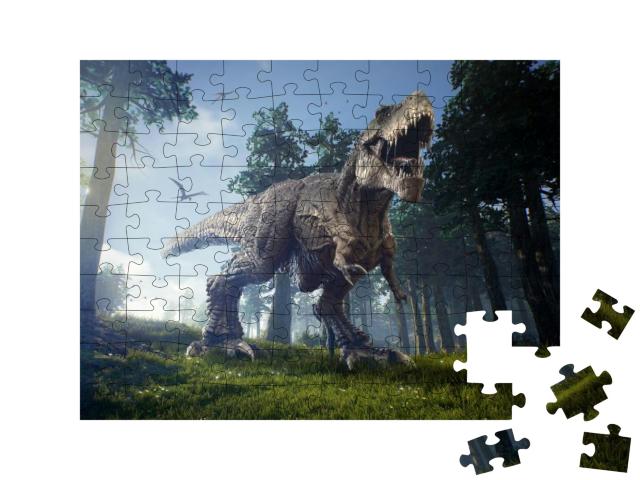 Puzzle 100 Teile „Jagdgründe eines Tyrannosaurus Rex mit zwei Quetzalcoatlus“