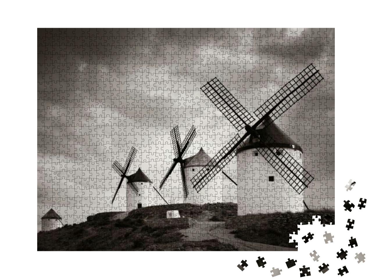 Puzzle 1000 Teile „Eine Gruppe von Windmühlen in Consuegra bei Toledo in Spanien“