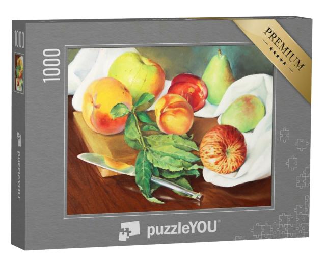 Puzzle 1000 Teile „Stillleben mit Pfirsichen, Birnen und Äpfeln, Brett und Messer, Ölgemälde“