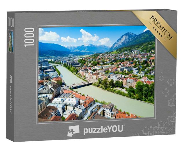 Puzzle 1000 Teile „Fluss Inn und Innsbrucker Stadtzentrum von oben“