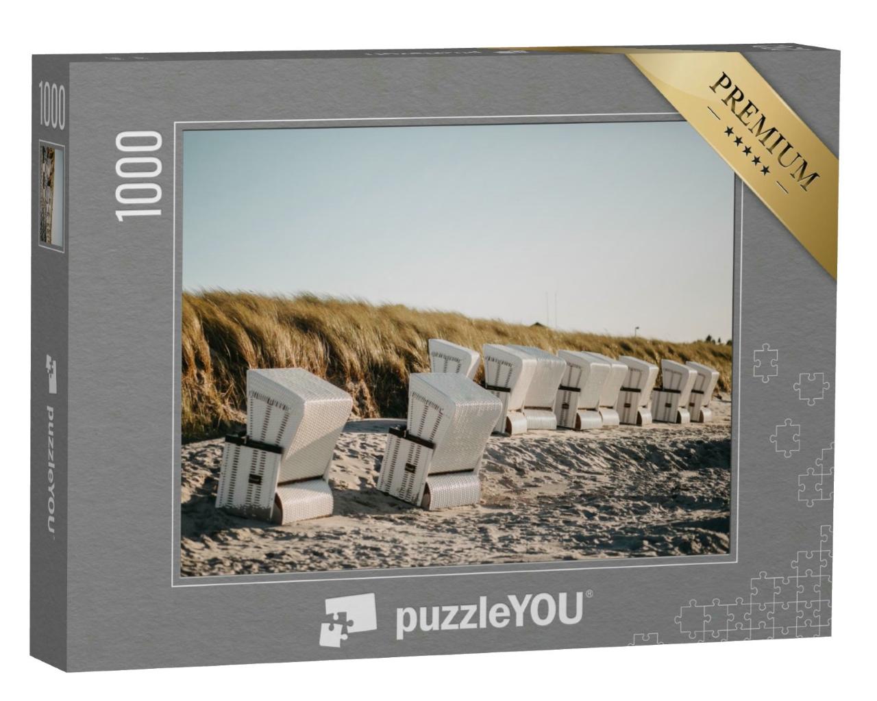 Puzzle 1000 Teile „Foto von überdachten Strandkörben bei Wind“
