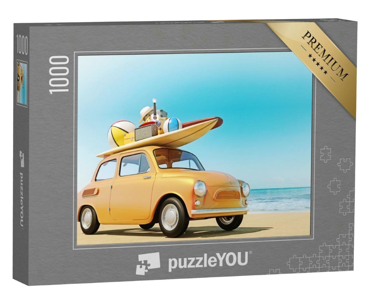 Puzzle 1000 Teile „Sommerurlaub: kleines Retro-Auto mit Gepäck auf dem Dach, Urlaubsreise“