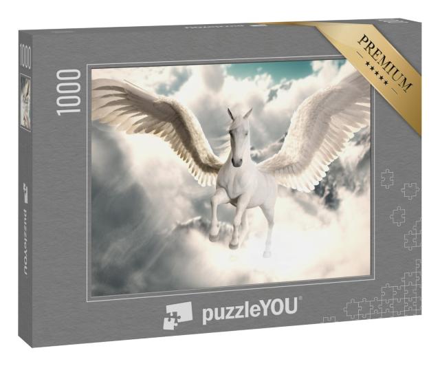 Puzzle 1000 Teile „Digitale Kunst: Majestätischer Flug des Pegasus über den Wolken“