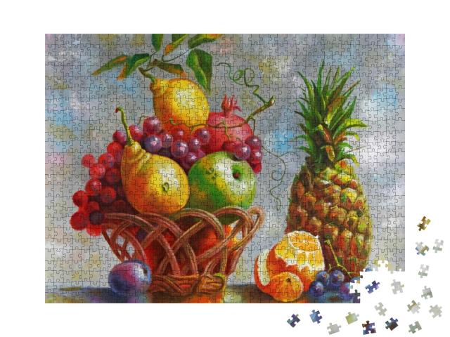 Puzzle 1000 Teile „Kunstwerk, Stillleben mit Ananas, Malerei: Öl auf Leinwand von Nikolai Sivenkow“