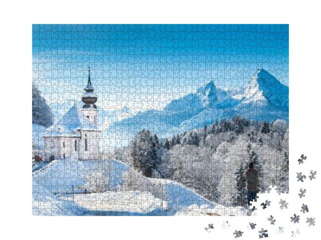 Puzzle 1000 Teile „Winterliche Wallfahrtskirche Maria Gern vor dem Watzmann, Deutschland“