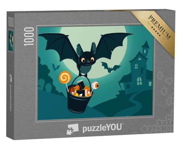 Puzzle 1000 Teile „Vektor-Illustration: Niedliche Fledermaus mit Süßigkeiten“