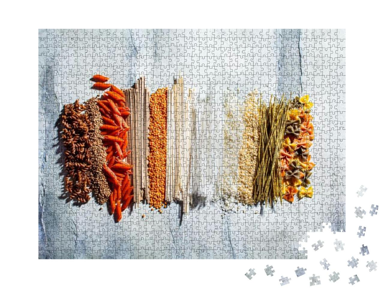Puzzle 1000 Teile „Köstliches Arrangement: Pasta aus Reis, Linsen, Buchweizen und Quinoa“