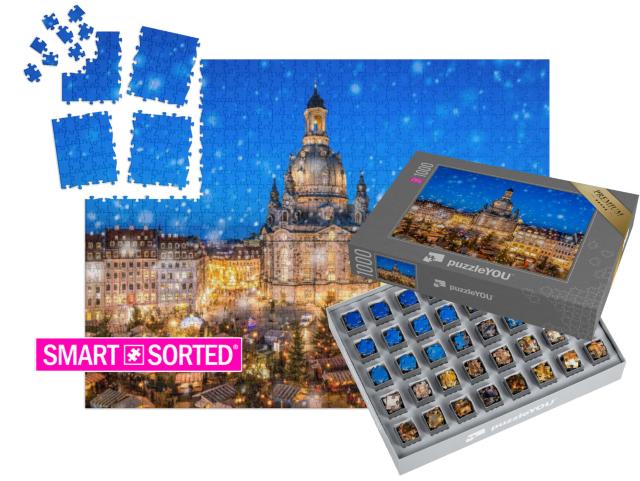 Puzzle „Weihnachtsmarkt vor der Dresdner Frauenkirche auf dem Neumarkt, Sachsen“ | SMART SORTED® 1000 Teile