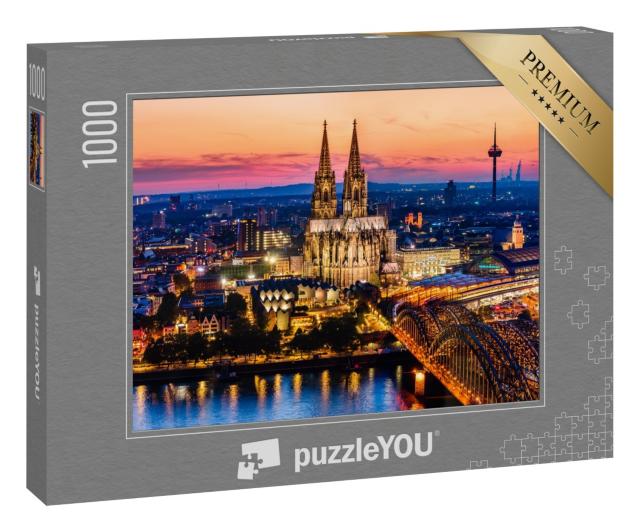 Puzzle 1000 Teile „Wunderschönes Nachtpanorama des Kölner Doms, der Hohenzollernbrücke und des Rheins“