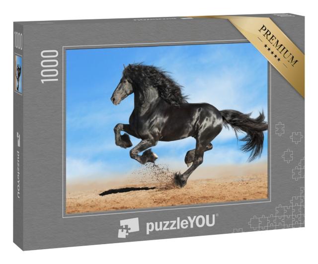Puzzle 1000 Teile „Schwarzes Friesenpferd im kraftvollen Galopp“