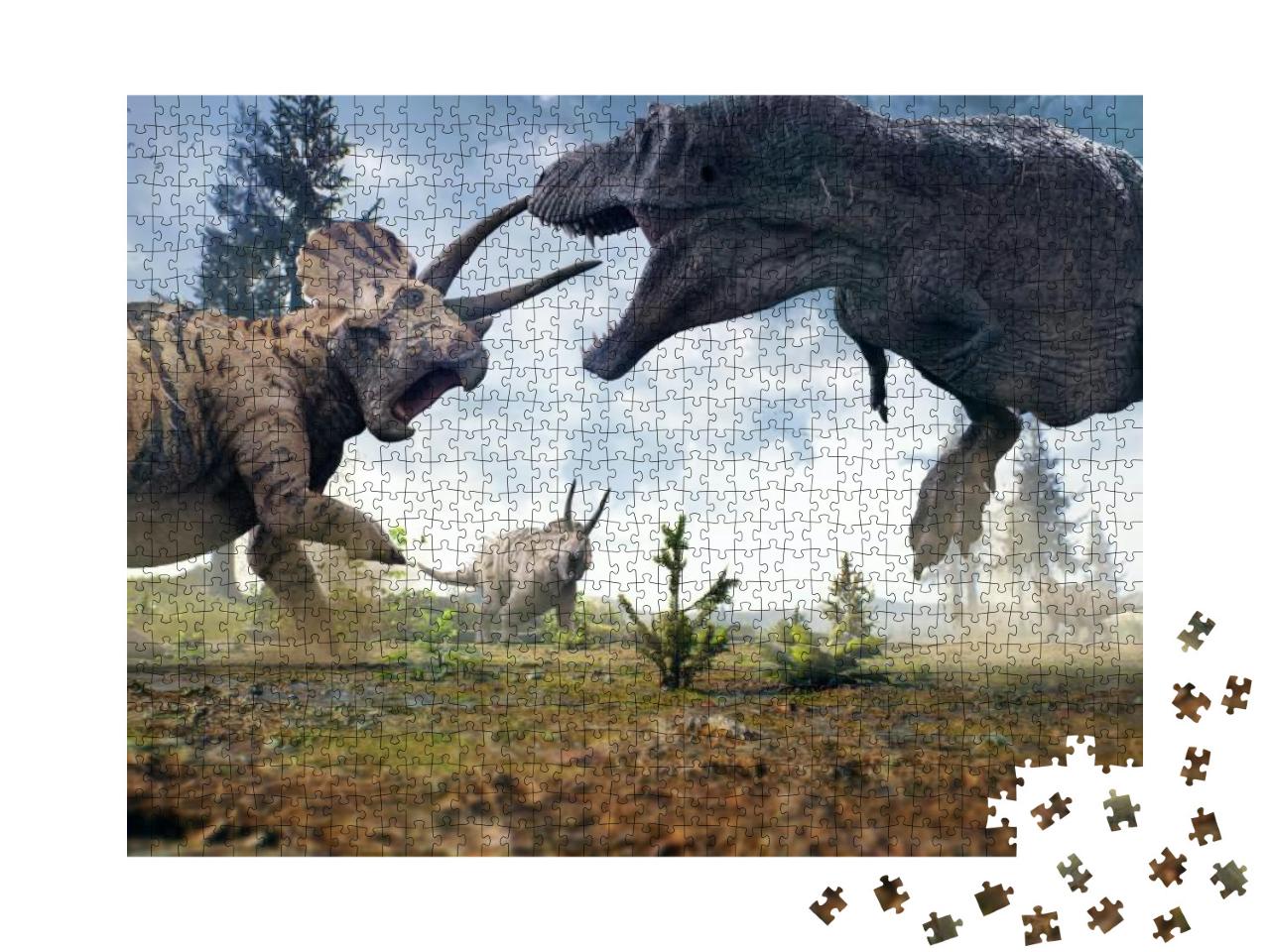 Puzzle 1000 Teile „3D-Rendering des Tyrannosaurus Rex im Kampf gegen eine Triceratops-Herde“