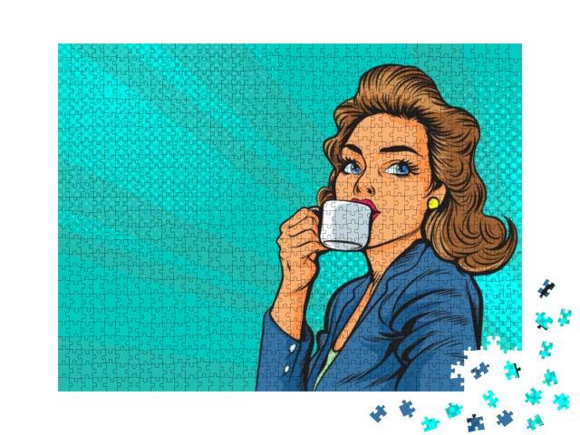 Puzzle 1000 Teile „Comic-Stil: Schöne Business-Frau mit Kaffee am Morgen“