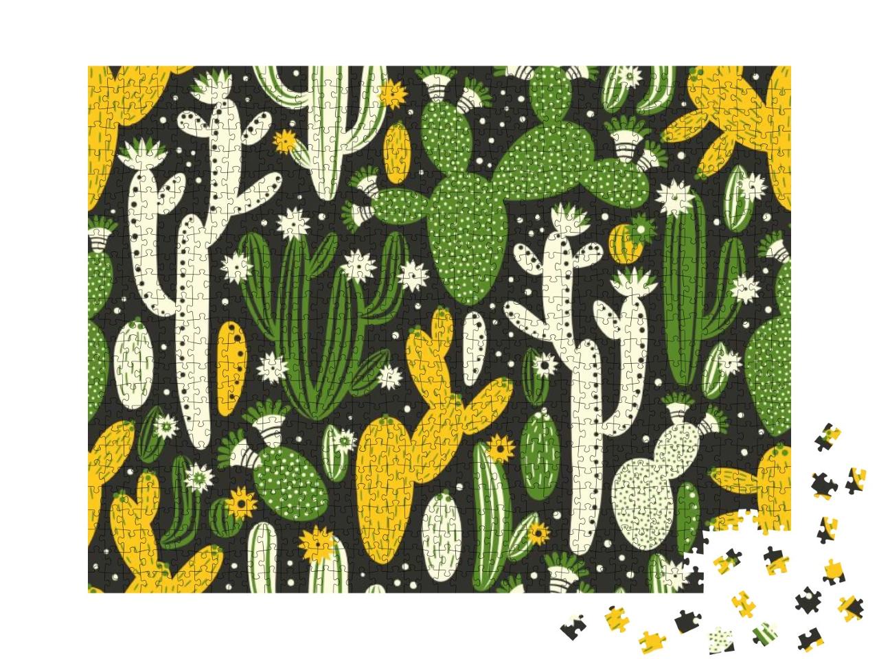 Puzzle 1000 Teile „Illustration: Grüne, weiße und gelbe Kakteen“