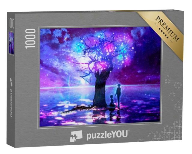 Puzzle 1000 Teile „Digitale Kunst: Der magische Sternenbaum am Meer“