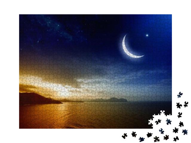 Puzzle 1000 Teile „Sternenklare Nacht mit riesengroßer Mondsichel im Ramadan“