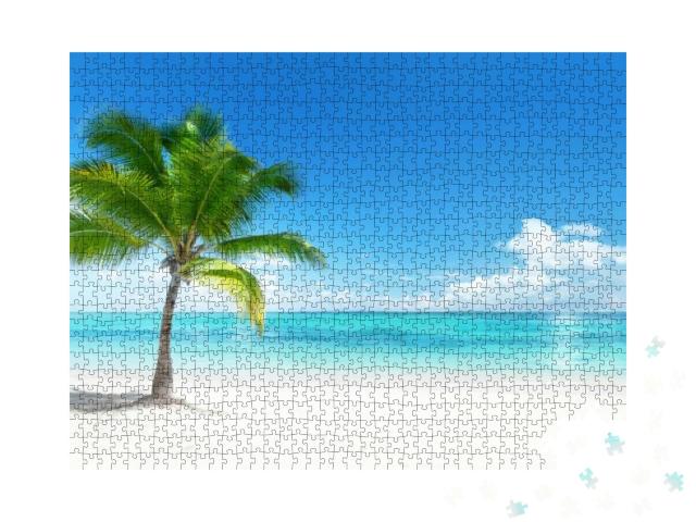 Puzzle 1000 Teile „Paradiesischer Strand mit Palme an der Küste der Dominikanischen Republik“