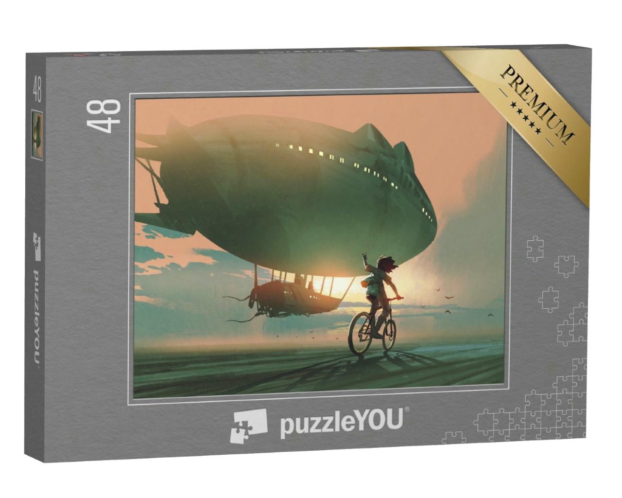 Puzzle 48 Teile „Digitale Kunst: Gute Reise! Fahrradfahrendes Kind winkt einem Zeppelin hinterher“
